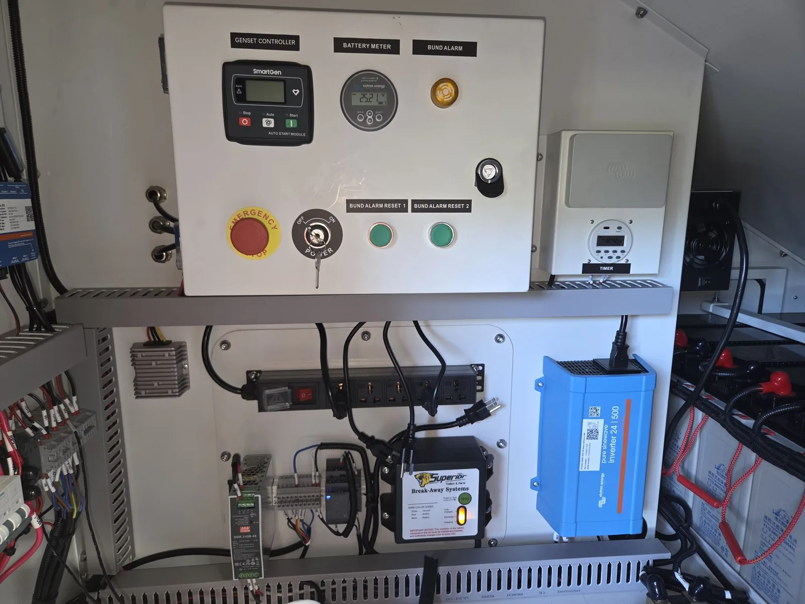 Inside the locked equipment cabinet: the system controller, generator controls, and power distribution