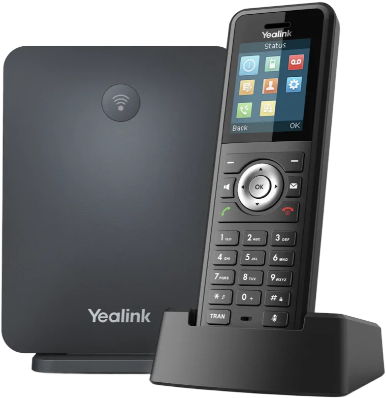 Yealink DECT cordless handset in its charger beside the base station