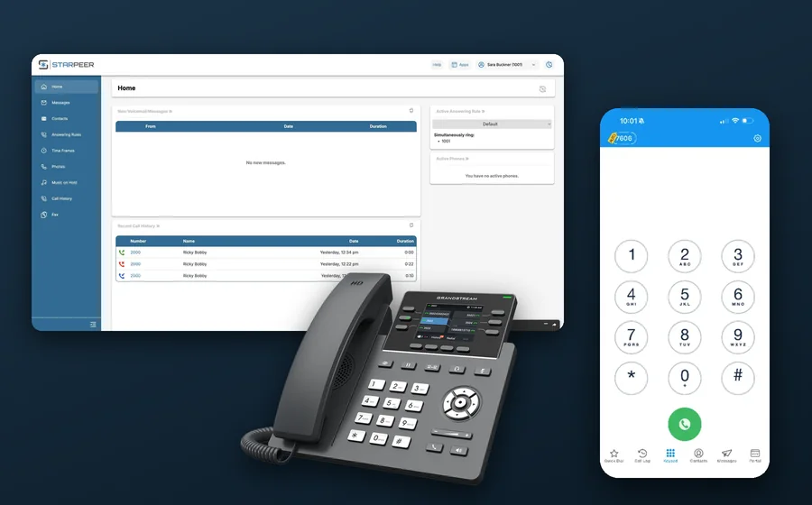 The Starpeer UC portal home screen, a desk phone, and the ConnectWare app keypad on an iPhone