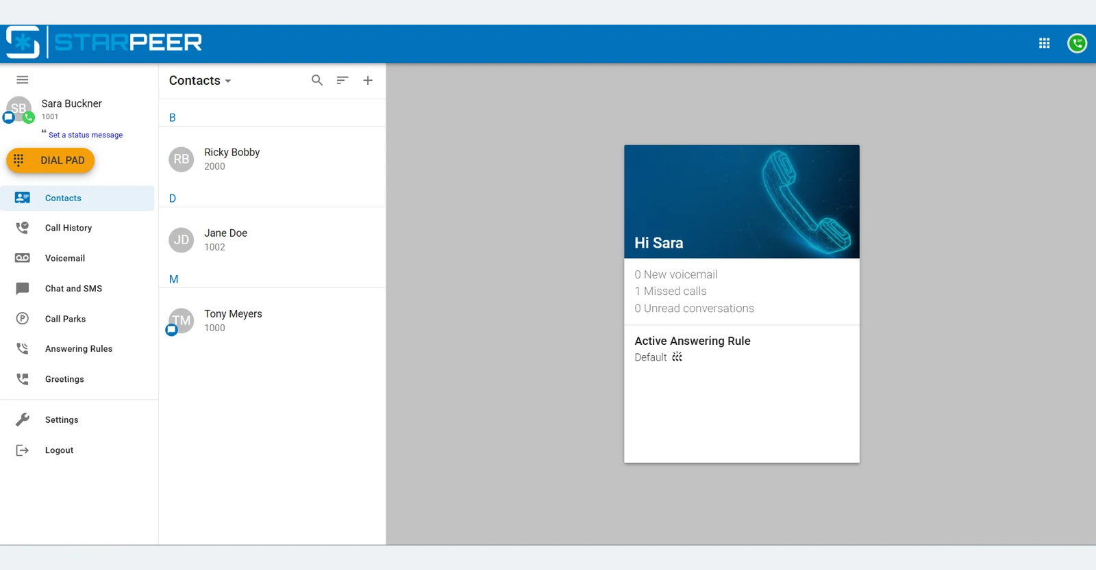 The Starpeer WebPhone in a browser: contacts list, dial pad button, and a summary of voicemail and missed calls